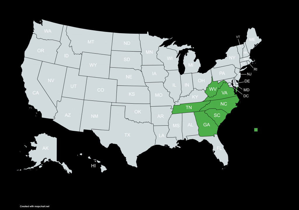 Map of the United States with Appalachian Region (Virginia, West Virginia, North Carolina, South Carolina, Tennessee, and Georgia) for Paizo Organized Play highlighted