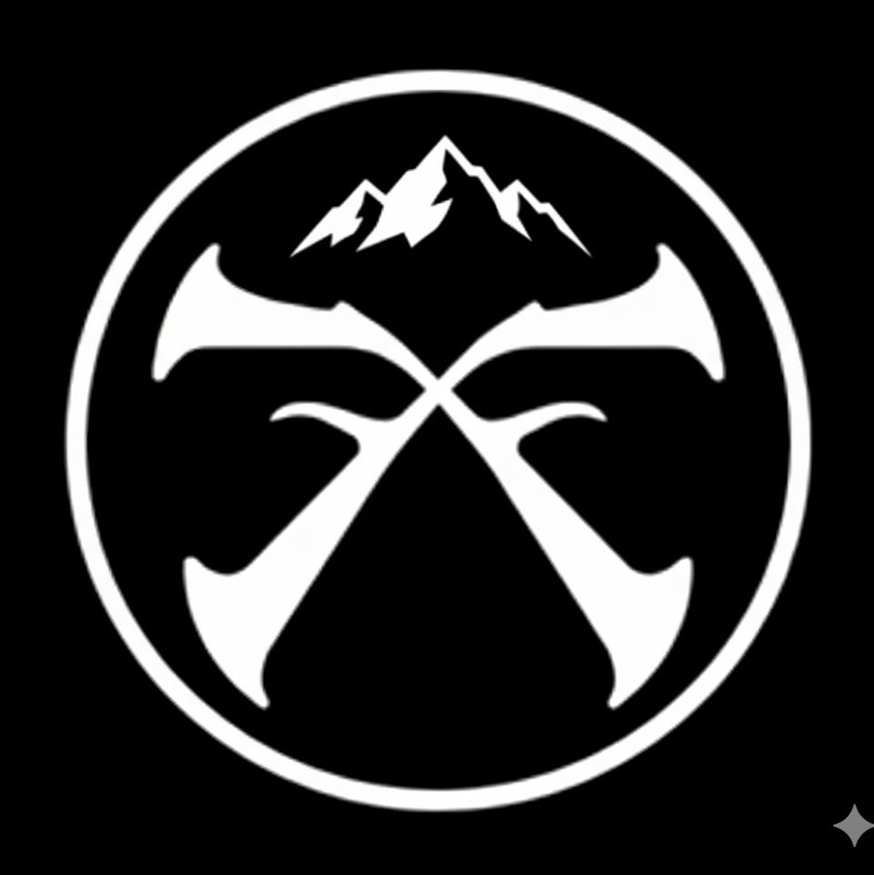 White logo on a black background featuring a stylized 'X' (crossed tools) inside a circle, with jagged mountain peaks rising above the center point.